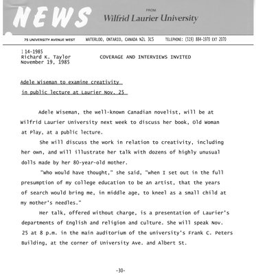 114-1985 : Adele Wiseman to examine creativity in public lecture at Laurier Nov. 25