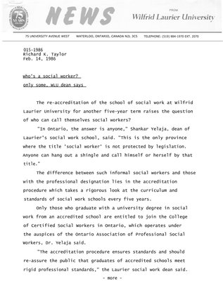 015-1986 : Who's a social worker? only some, WLU dean says