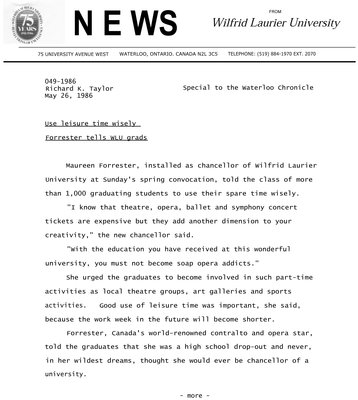 049-1986 : Use leisure time wisely Forrester tells WLU grads