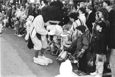 Wilfrid Laurier University Golden Hawk mascot at Oktoberfest parade, 1987