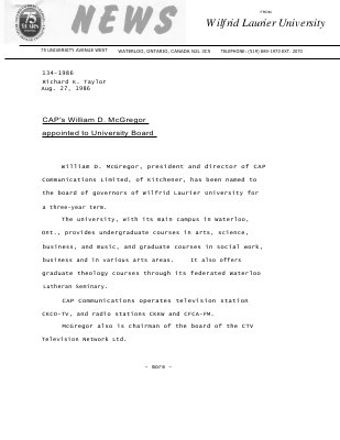 134-1986 : CAP's William D. McGregor appointed to university board