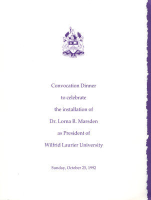 Wilfrid Laurier University convocation dinner to celebrate the installation of Lorna Marsden program, 1992