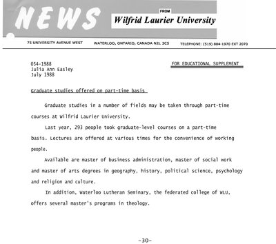 054-1988 : Graduate studies offered on part-time basis