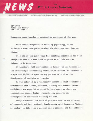 084-1988 : Morgenson named Laurier's outstanding professor of the year