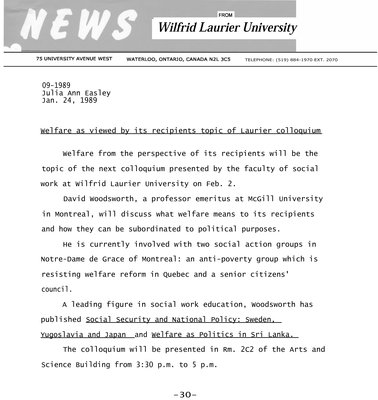 09a-1989 : Welfare as viewed by its recipients topic of Laurier colloquium