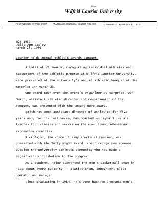 024-1989 : Laurier holds annual athletic awards banquet