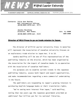 069-1989 : Director of WLU Press to go on trade mission to Japan