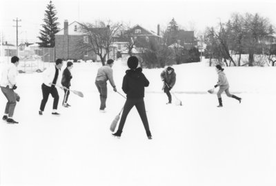 Broomball game at Waterloo Lutheran University Winter Carnival 1968