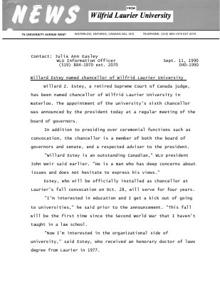 040-1990 : Willard Estey named chancellor of Wilfrid Laurier University