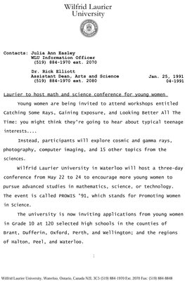 05-1991 : Laurier to host math and science conference for young women