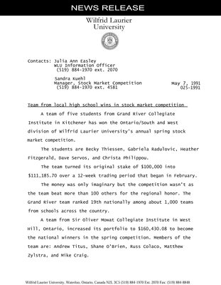 025-1991 : Team from local high school wins in stock market competition