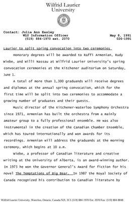 026-1991 : Laurier to split spring convocation into two ceremonies