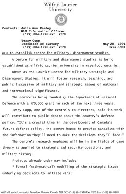 029a-1991 : WLU to establish centre for military, disarmament studies