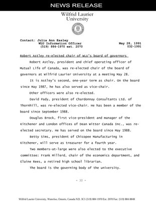 032-1991 : Robert Astley re-elected chair of WLU's board of governors