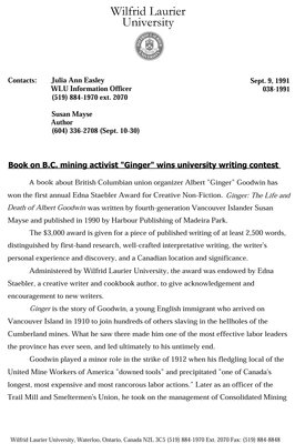 038-1991 : Book on B.C. mining activist &quot;Ginger&quot; wins university writing contest