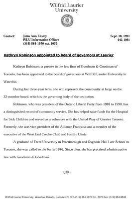 043-1991 : Kathryn Robinson appointed to board of governors at Laurier