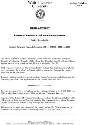 058-1991 : Release of Business Confidence Survey Results