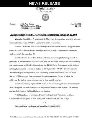 04-1992 : Laurier student from St. Marys wins scholarships valued at $3,600