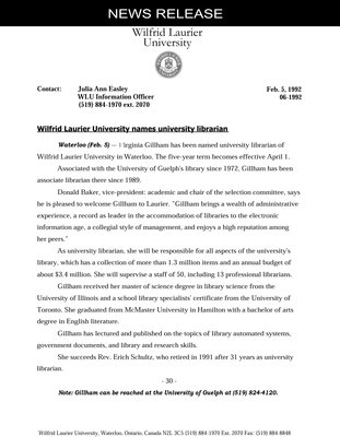 06-1992 : Wilfrid Laurier University names university librarian