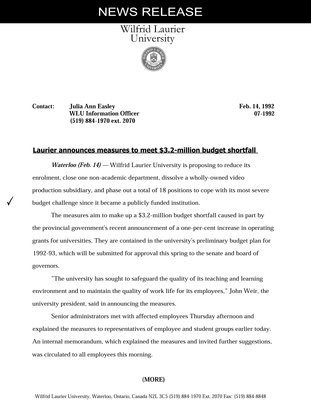 07-1992 : Laurier announces measures to meet $3.2-million budget shortfall