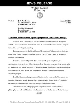 017-1992 : Laurier to offer business diploma program in Trinidad and Tobago