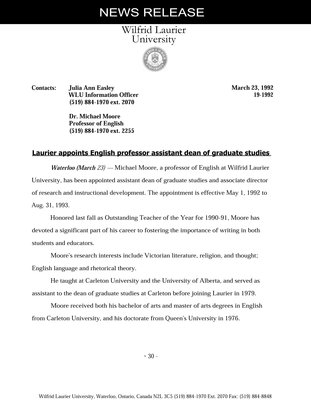 019-1992 : Laurier appoints English professor assistant dean of graduate studies