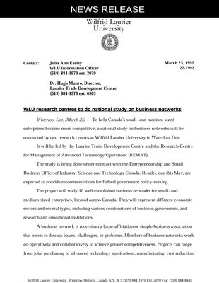 022-1992 : WLU research centres to do national study on business networks