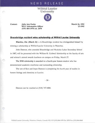 023d-1992 : Bracebridge resident wins scholarship at Wilfrid Laurier University