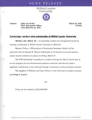 023e-1992 : Cambridge resident wins scholarship at Wilfrid Laurier University