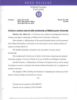 023f-1992 : Chatham resident wins $1,600 scholarship at Wilfrid Laurier University