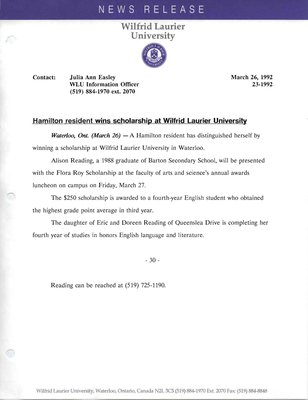 23h-1992 : Hamilton resident wins scholarship at Wilfrid Laurier University