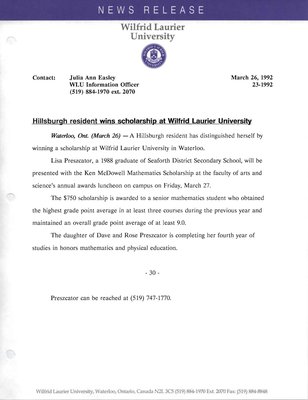 23i-1992 : Hillsburgh resident wins scholarship at Wilfrid Laurier University