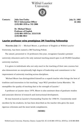 034b-1993 : Laurier professor wins prestigious 3M Teaching Fellowship