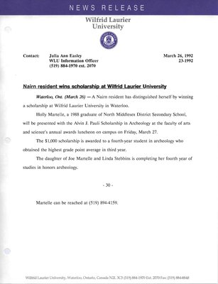 023l-1992 : Nairn resident wins scholarship at Wilfrid Laurier University