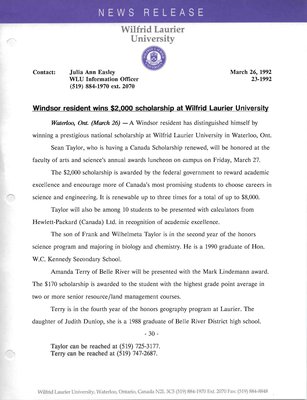 023u-1992 : Windsor resident wins $2,000 scholarship at Wilfrid Laurier University