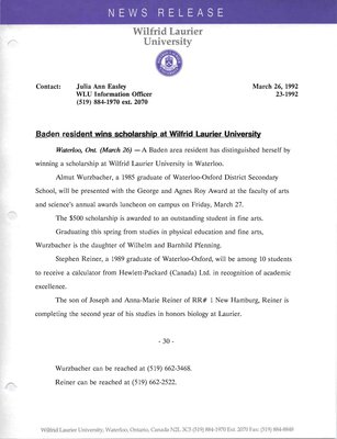 023v-1992 : Baden resident wins scholarship at Wilfrid Laurier University