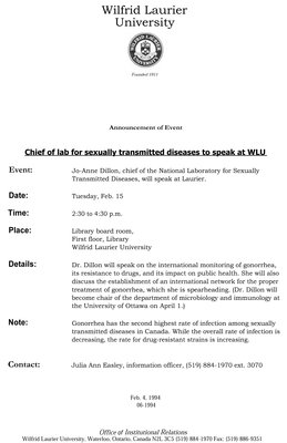 06-1994 : Chief of lab for sexually transmitted diseases to speak at WLU