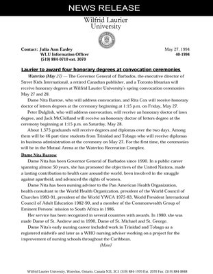 40-1994 : Laurier to award four honorary degrees at convocation ceremonies