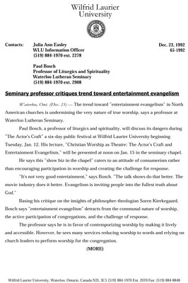 65-1992 : Seminary professor critiques trend toward entertainment evangelism