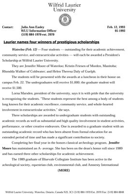 05-1993 : Laurier names four winners of prestigious scholarships