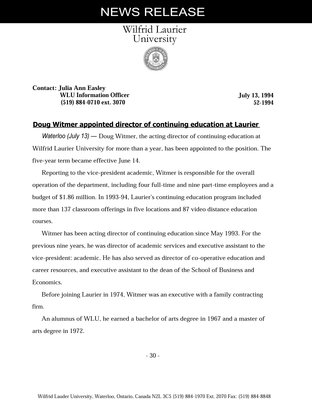 52-1994 : Doug Witmer appointed director of continuing education at Laurier