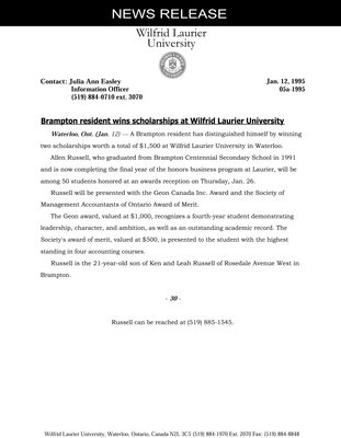 05a-1995 : Brampton resident wins scholarships at Wilfrid Laurier University