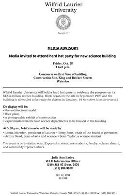 82-1994 : Media Advisory : media invited to attend hard hat party for new science building