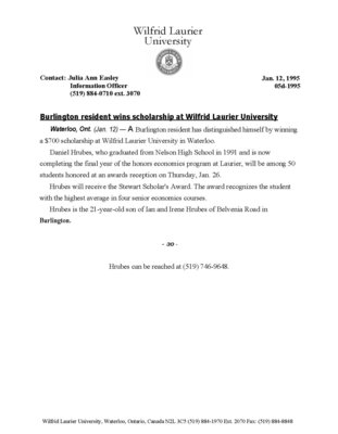 05d-1995 : Burlington resident wins scholarships at Wilfrid Laurier University