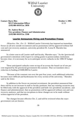 62-1995 : Laurier announces hiring and promotion freeze