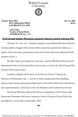 69-1995 : 22nd annual Easton-McCarney program features award-winning film