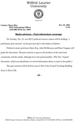 71-1995 : Media Advisory - Post-referendum coverage