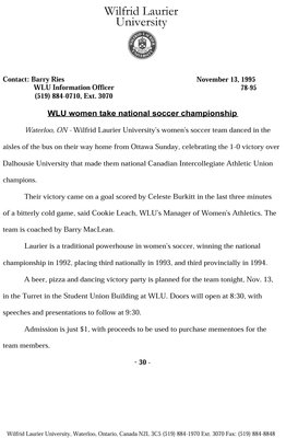 78-1995 : WLU women take national soccer championship