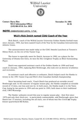 81-1995 : WLU's Rick Zmich named CIAU Coach of the Year