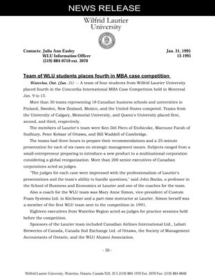 13-1995 : Team of WLU students places fourth in MBA case competition